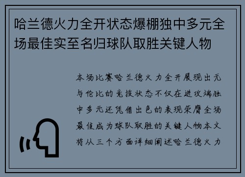 哈兰德火力全开状态爆棚独中多元全场最佳实至名归球队取胜关键人物