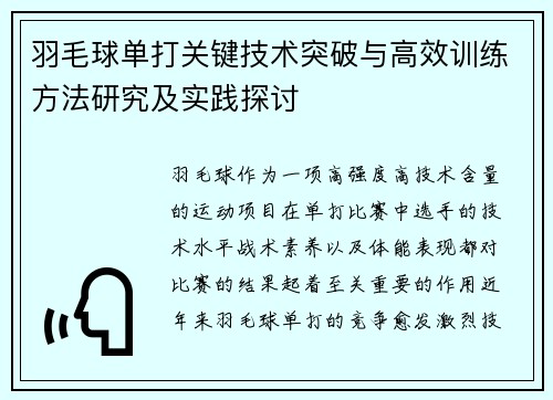 羽毛球单打关键技术突破与高效训练方法研究及实践探讨