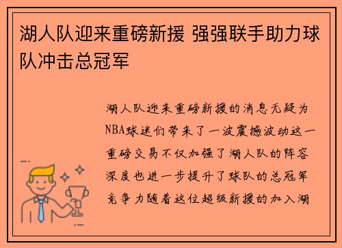 湖人队迎来重磅新援 强强联手助力球队冲击总冠军